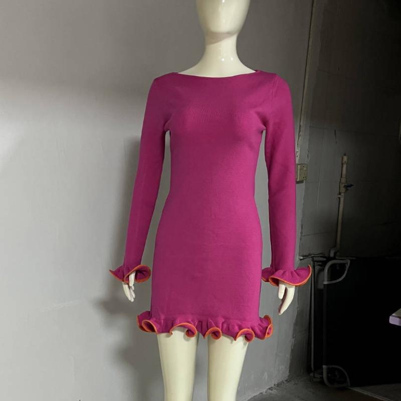 Knitted Mini Dress For Women Fungus Contrast Color Slim Sweater Dress Elegant Female Party Clothes Long Sleeve Spring New Dress
