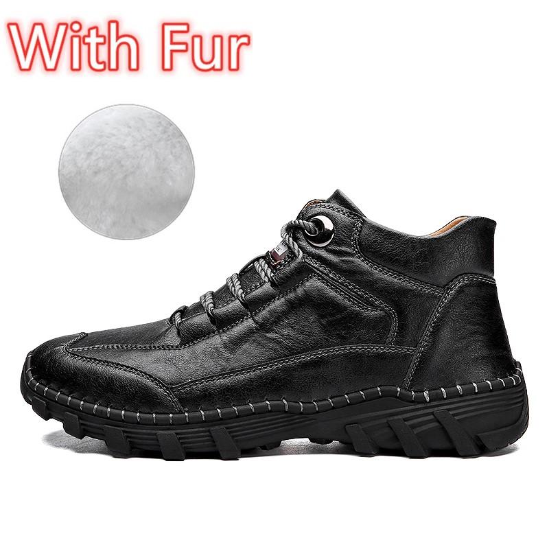 Big Size Cowhide Split Autumn Winter Warm Men Boots With Fur Vintage Motorcycle Boots Male Snow Ankle Boots Fashion Hiking Shoes