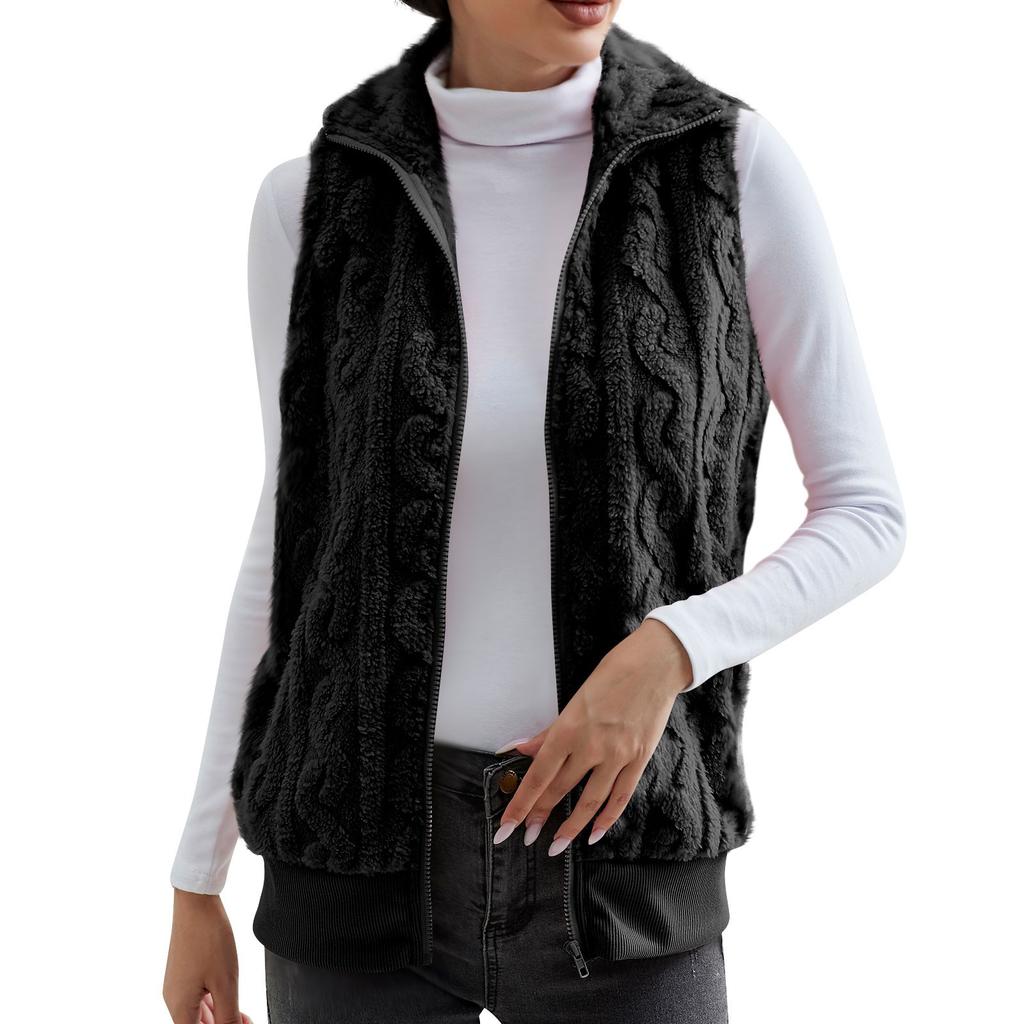 Fashionable Ladies Plaid Comfortable Fleece Cardigan Vest Stand Collar Sleeveless Women's Jacket