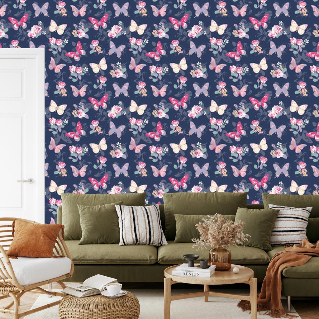 Wallpaper Butterflies Flowers Leaves and Roses for Living Room and Bedroom 50x1000