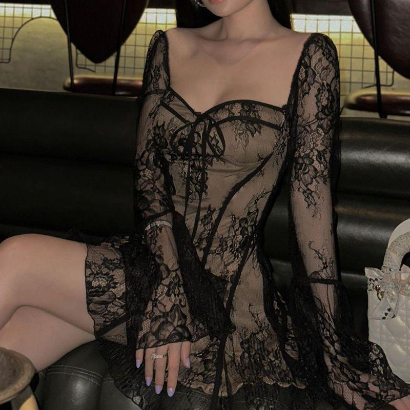 

French Style Sexy Sexy Square-Neck Lace Bell-Bottom Long Sleeves Dress Women s Pure Waist-Tight Slim Looking Elegant A- line Skirt Black L