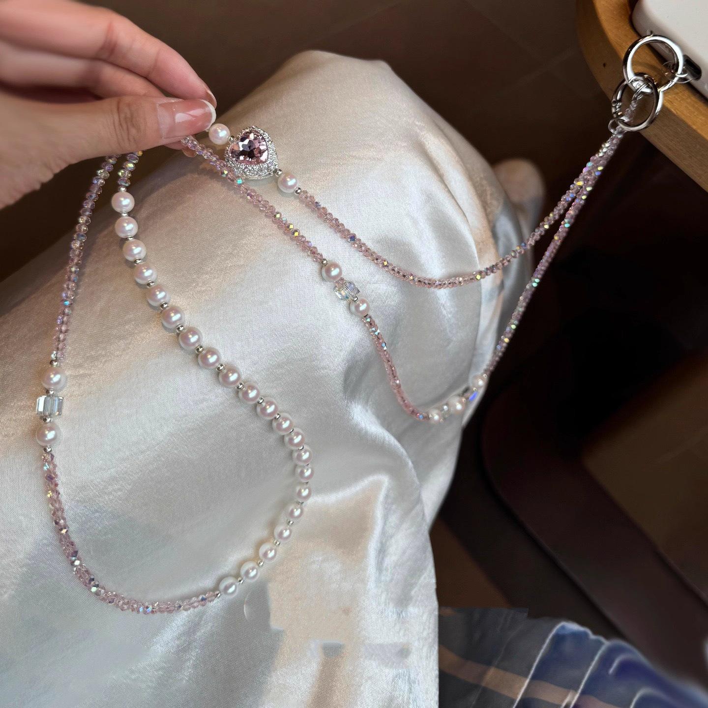 

White Love Heart Beaded Crossbody Phone Necklace with Strap