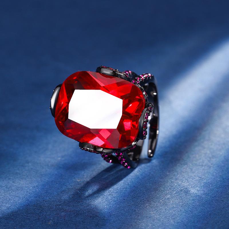 Jewelry Copper Bottom Gold-Plated Simulation Corundum Fat Rectangular Light Luxury Black Gold Finger Female 15 * 20