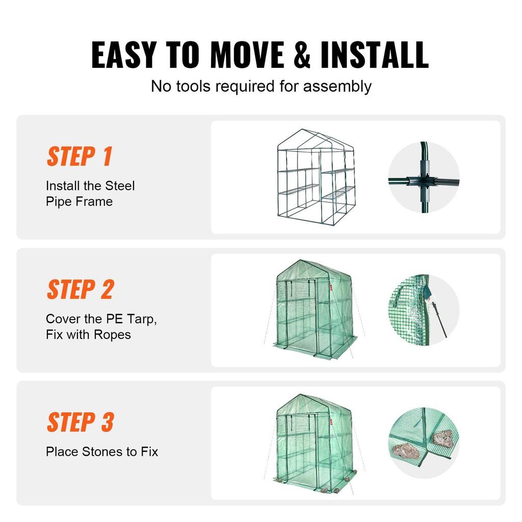 Walk-in Green House, 4.6 X 4.6 X 6.6 Ft Greenhouse with Shelves, Set Up In Minutes, High Strength PE Cover with Doors & Windows and Steel Frame,