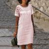 Women Casual Summer Loose Cotton Linen Mini Short Sleeve Round Neck Lace Sundress Beach Short Dresses