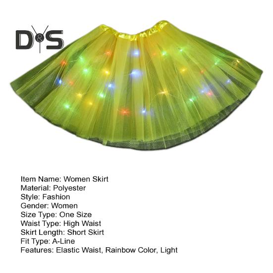 LED Light-Up Women Mesh Skirt Elastic Waist Illuminated Skirt Stage Show Colorful Gauze Skirt Multi Layer Full Mesh Skirt