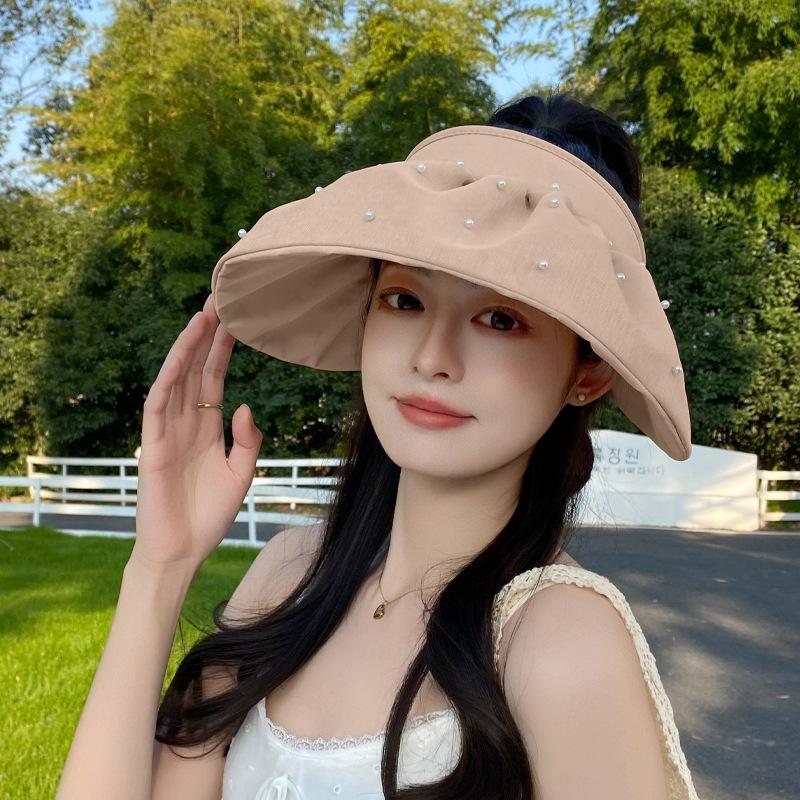 Small Pearl Big Eaves Empty Top Shell Hat Women's Summer Travel Sun Protection Fresh and Elegant Sun Hat Headband Sun Hat