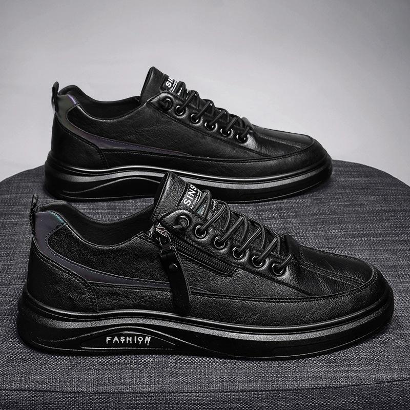 2024 Leather Casual Men Shoes Zipper Platform Fashion Designer Luxury Four Seasons Retro Low Top Outdoor Walking Male Sneakers