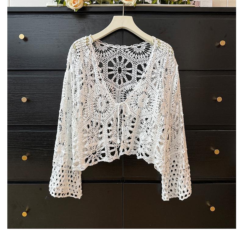 Bohemian Crochet Tie-Up Knit Cardigan - Women's Long Sleeve Sun Protection Top