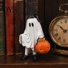 Unique Niche Gift Vintage Halloween Ghost Figurine, Cute Spooky Resin Statue with Pumpkin Artistic Desktop Collection Bucket And Black Cat for Indoor