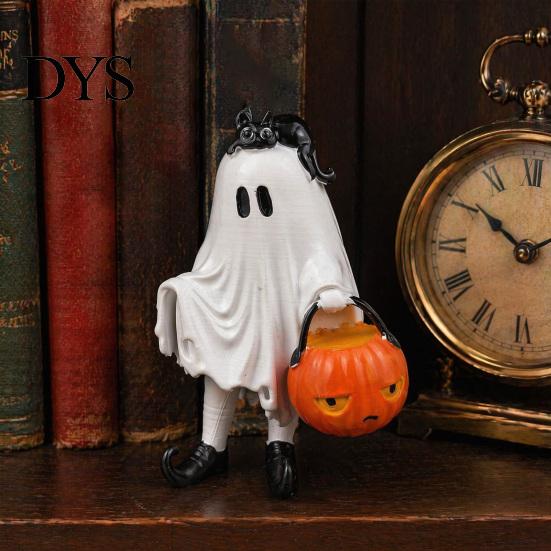 Unique Niche Gift Vintage Halloween Ghost Figurine, Cute Spooky Resin Statue with Pumpkin Artistic Desktop Collection Bucket And Black Cat for Indoor