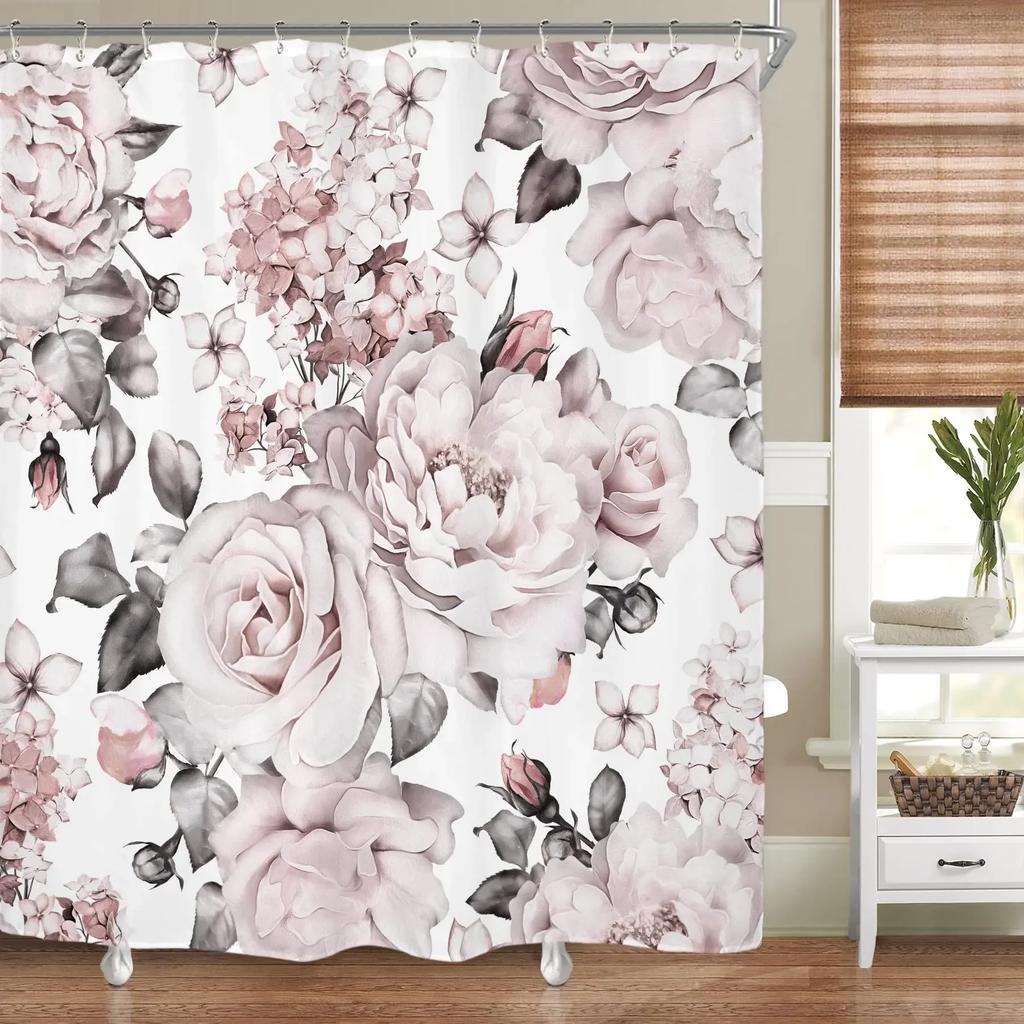 Floral Shower Curtains for Bathroom Pink Plant Flowers Watercolor Butterfly Wildflower Botanical Bathroom Curtain Set,Waterproof