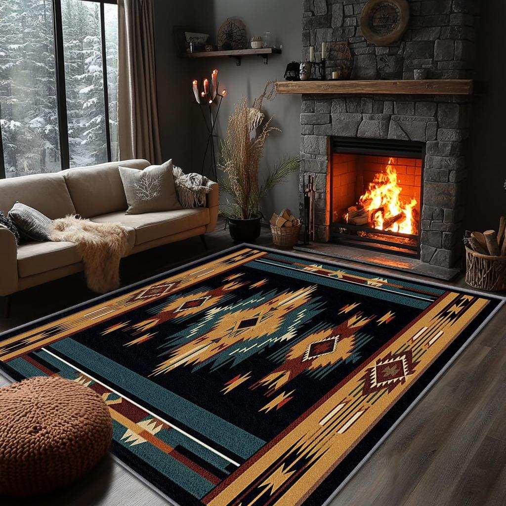 Southwestern Aztec Star Print Area Rug, Turquoise & Orange Tribal Design Non-Slip Floor Mat for Living Room Bedroom Home Decor