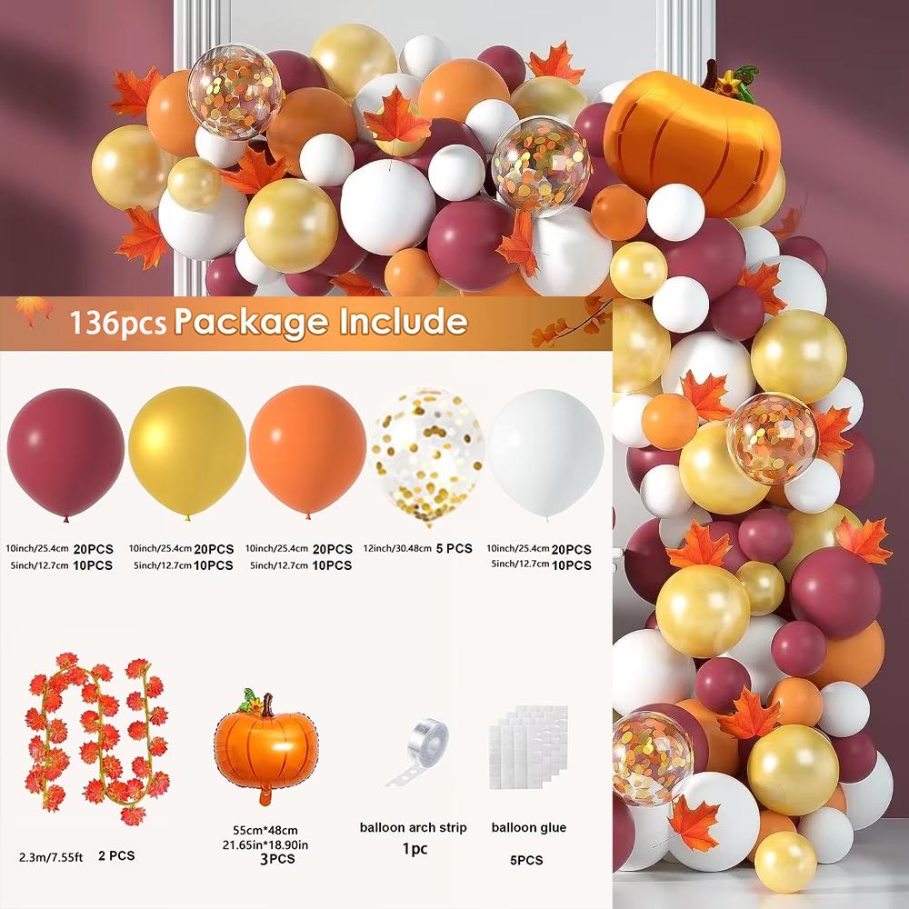 

136PCS Autumn Maple Leaf Balloon Garland Set Orange White Pearl Gold Balloon Wreath Set for Birthday and Thanksgiving Decoration Other