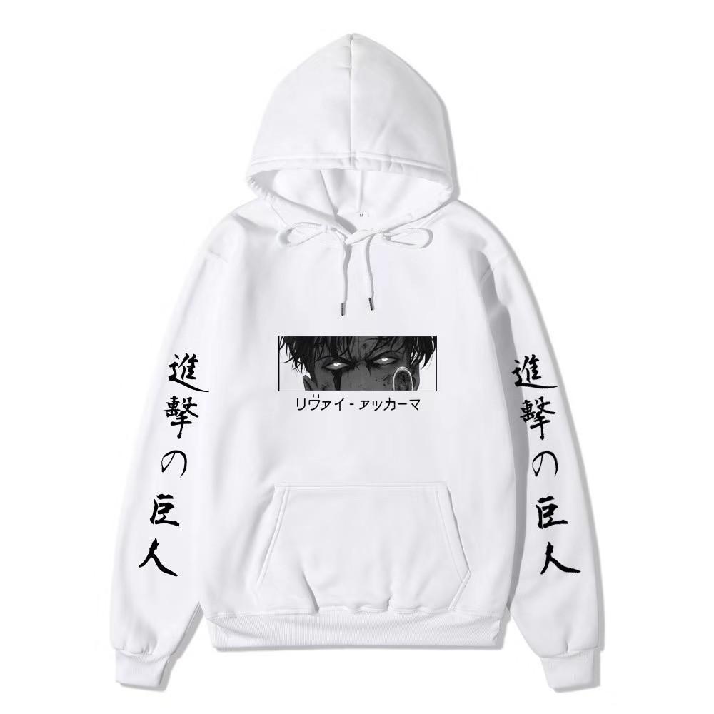 Anime Attack On Titan Levi Ackerman Hoodie, Double Sleeve Japanese Text Print Pullover Sweatshirt Long Sleeve Streetwear for Men Women