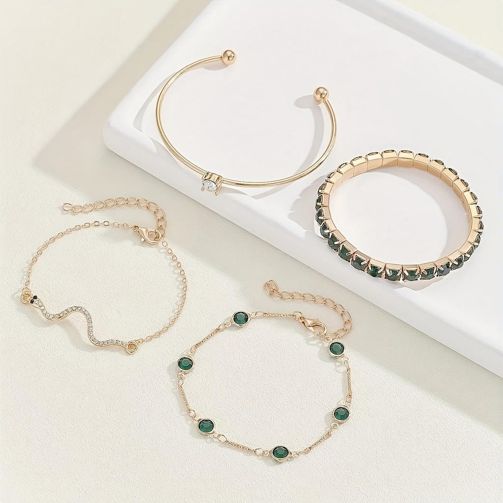 4-piece Set of Vintage Bohemian Style Green Rhinestone Snake Chain Bracelets, Fashionable Animal Theme Jewelry, Suitable for Women