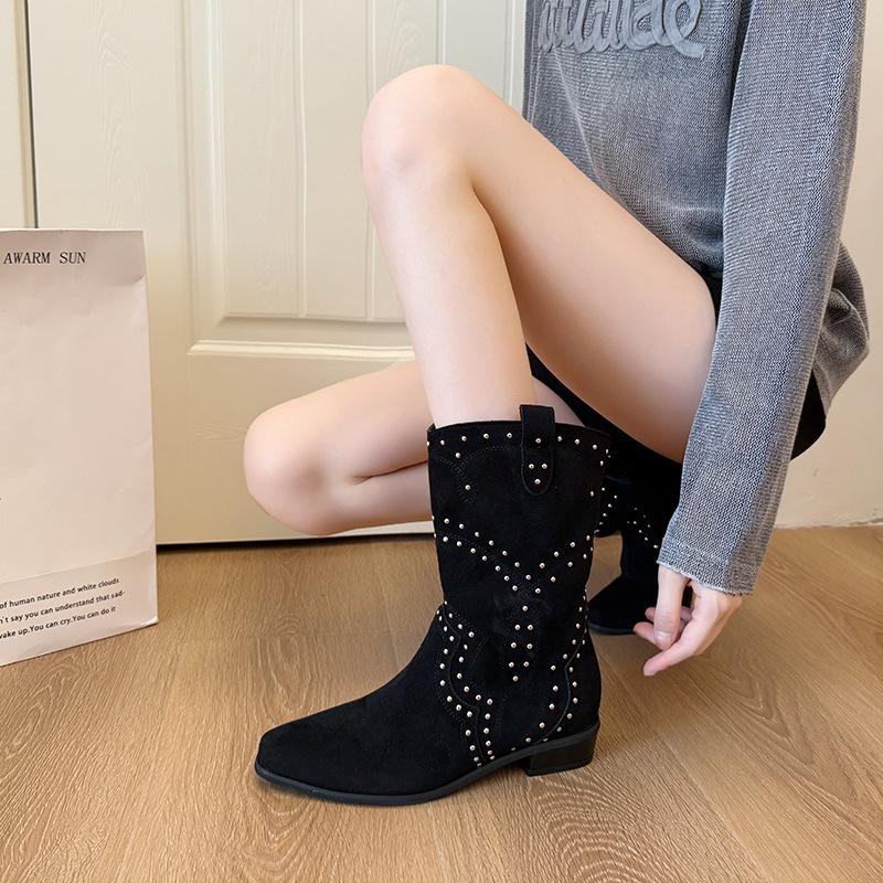 2025 autumn new fashion boots women's shoes low heel medium boots sleeve boots winter suede rivet temperament short boots