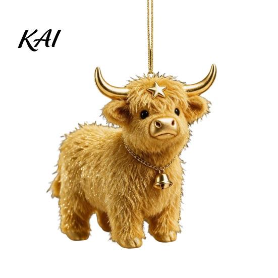 Cute Animal Pendant for Holiday Party Highland Yak Ornament Christmas Tree Hanging Decor, 2D Flat Acrylic Ornaments with Gold String Festive