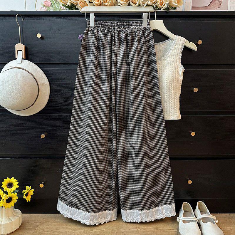 Forest Plaid Lace-Trim Wide-Leg High-Waist Slimming Skirt Pants S (Recommended for 80-95 lbs)