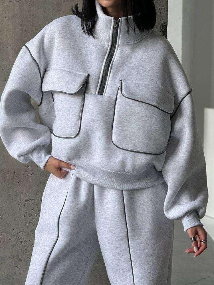 Dames Kleurblok Halve Rits Sweatshirt en Broek Set Casual Losse Lange Mouw Top Hoge Taille Joggingbroek Tweedeel Outfit
