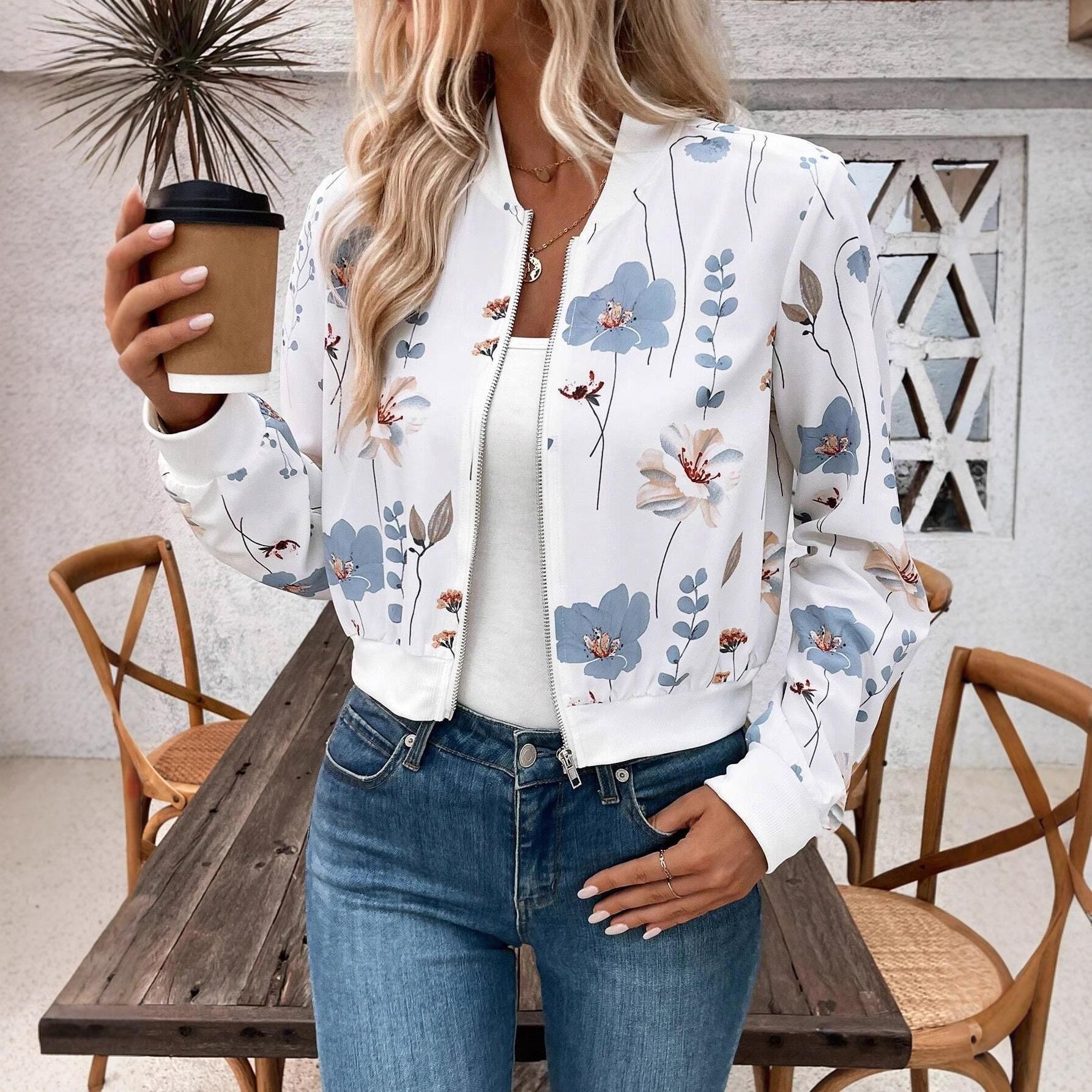 TIFICY Women s Fashion Casual Flower Pattern Print Autumn Winter Long Sleeve O-Neck Jackets & Coats S