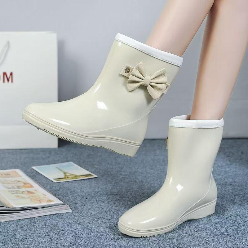 Woman New Flat Sole High Top Bow Rain Boots Thick Sole Non Slip Round Toe Waterproof Fashionable Water Shoes Work Shoes