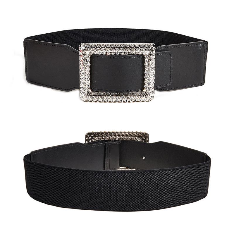 Women's High-End Black Leather Rhinestone Buckle Elastic Waist Belt for Coats and Dresses