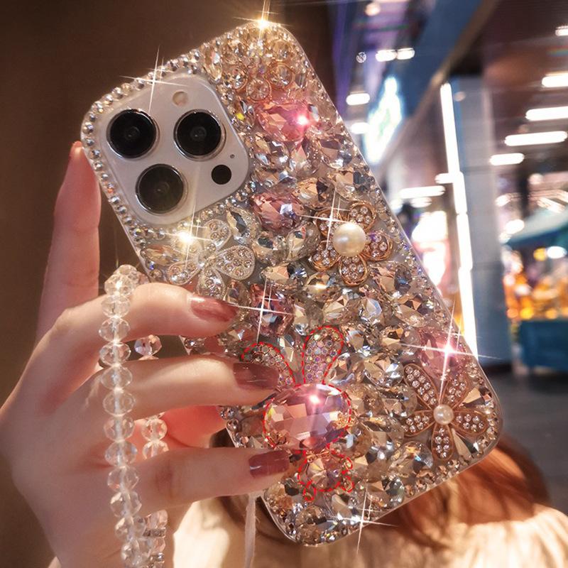 For Apple 17 Phone Case Luxury for IPhone 15 Rhinestone 13 Pearl 14 Rabbit Flower Light Luxury Women's Instagram