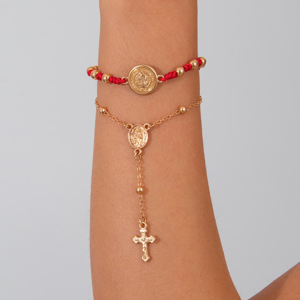 KunJoe 2Pcs/Set Vintage Jesus Cross Pendant Bracelet for Women Adjustable Red Woven Rope Bracelet Female Gift Christmas Jewelry
