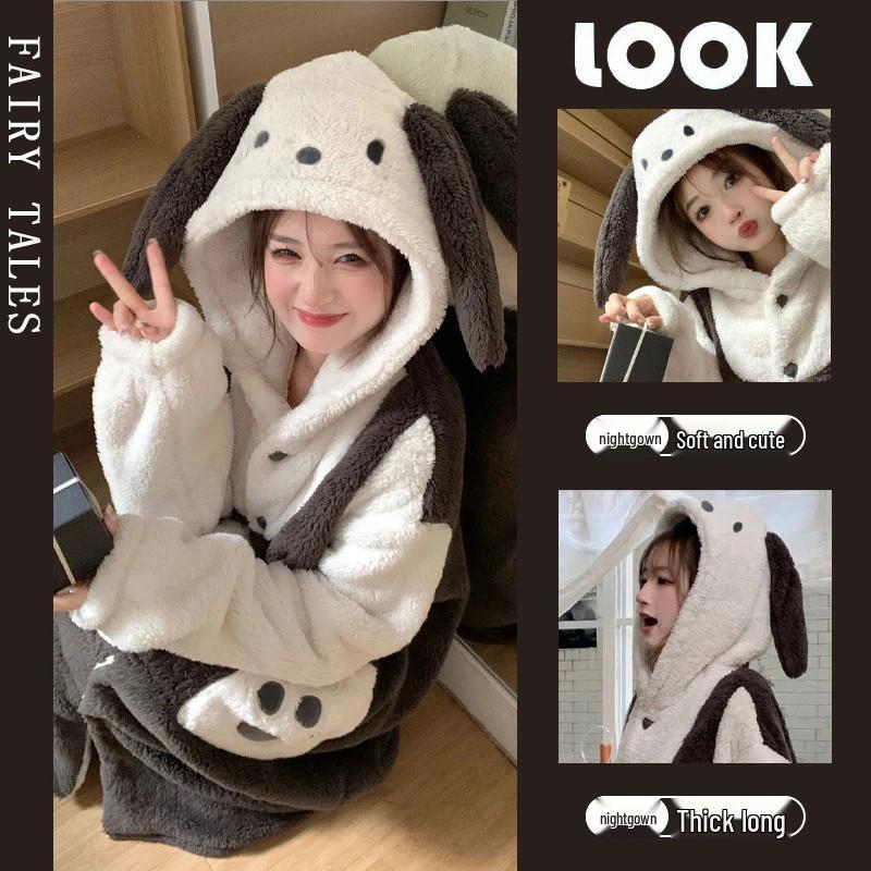 Women's Cute Cartoon Tiger Hooded Coral Fleece Pajamas - Thickened Long Sleeve Robe Suitable for Autumn and Winter, Wearable Outdoors.