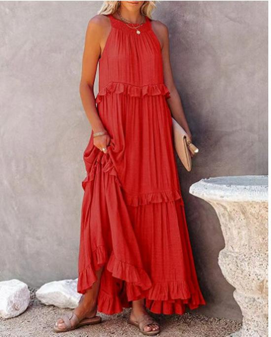 European and American 2025 Summer Ruffle Long Dress - Women's Flowing Holiday Beach Style