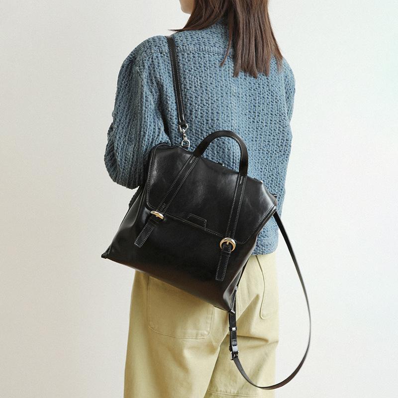 Oil Wax Leather Handbag Women's Leather Bag High-end Sense Cowhide Niche Design Single Backpack Large Capacity Commuting