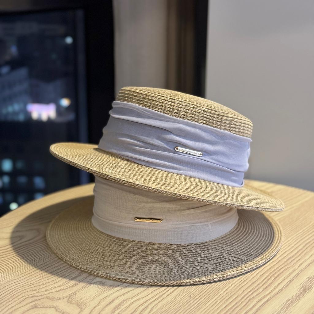 Retro French Straw Hat Women's Summer Seaside Sunshade UV Protection Pleated Flat Edge Hat Women's Sun Hat Flat Top Hat