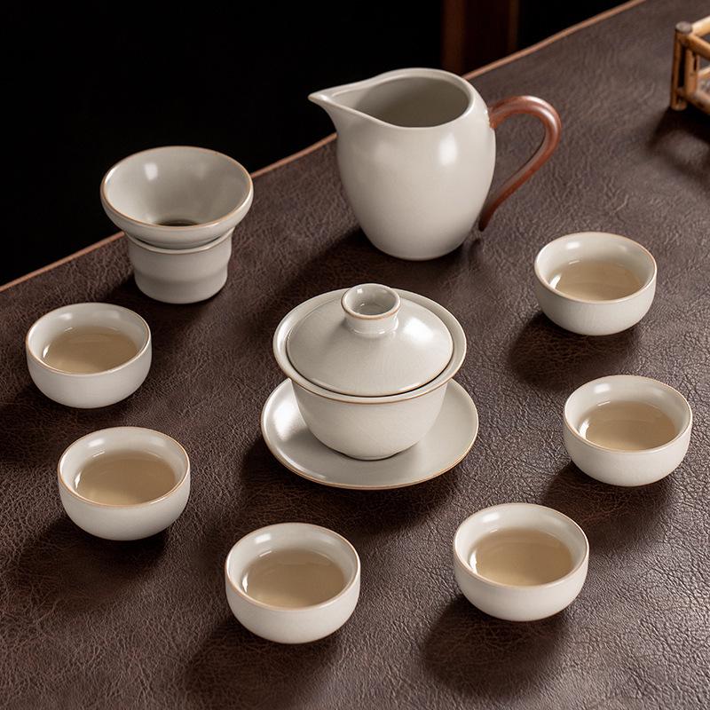 High-End Ru Kiln Ceramic Kung Fu Tea Set - Luxury Gaiwan Teapot, Tray, and Cups for Home.