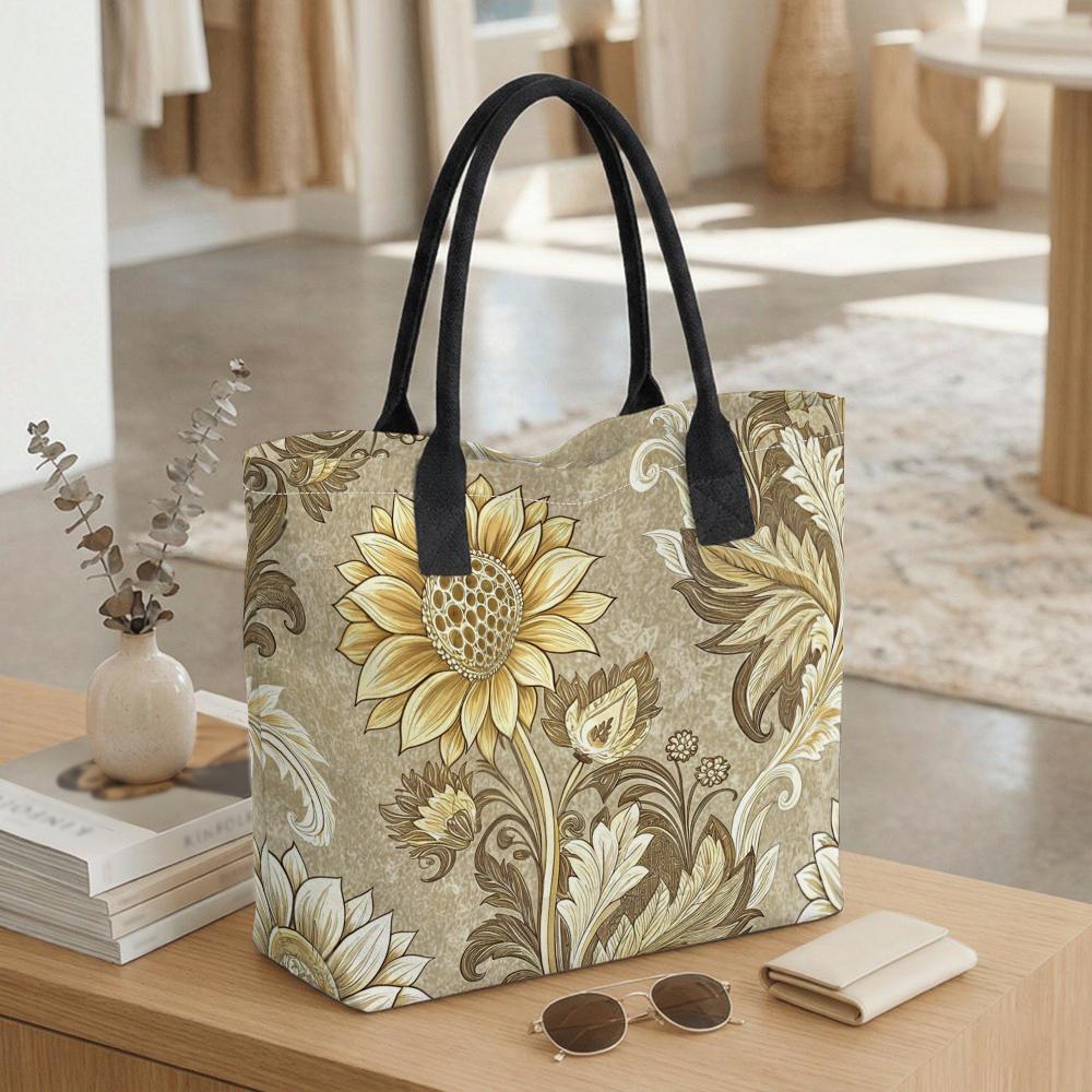  Sunflower Print Tote Bag Vintage Large Capacity Casual Shoulder Bag for Daily Commute Shopping