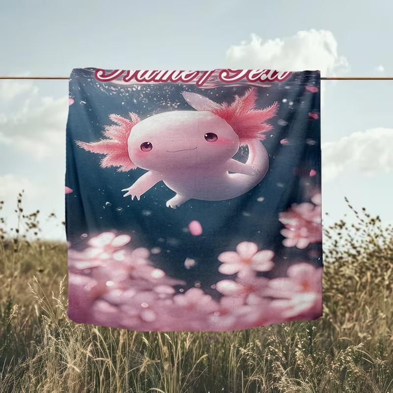 1PC Custom Name Axolotl Cherry Blossoms Outdooor Flannel Blankets Throw Blanket All-Season Throw Gift Bedspread for Couch, Bed, Camping Holiday Birthd