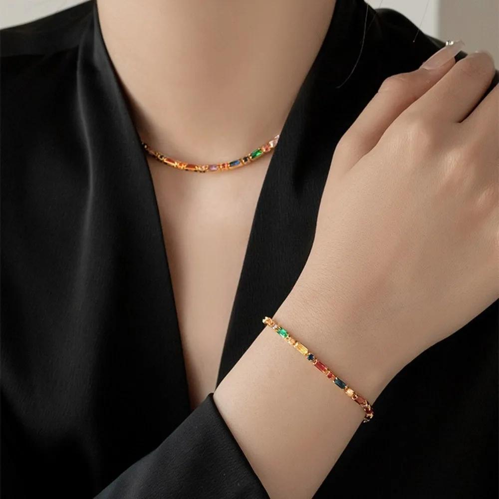 Exquisite Gold Color Stainless Steel Multicolored Crystal Splice Bracelet for Women Charm Trendy Zircon Bangle Bride Jewelry Set
