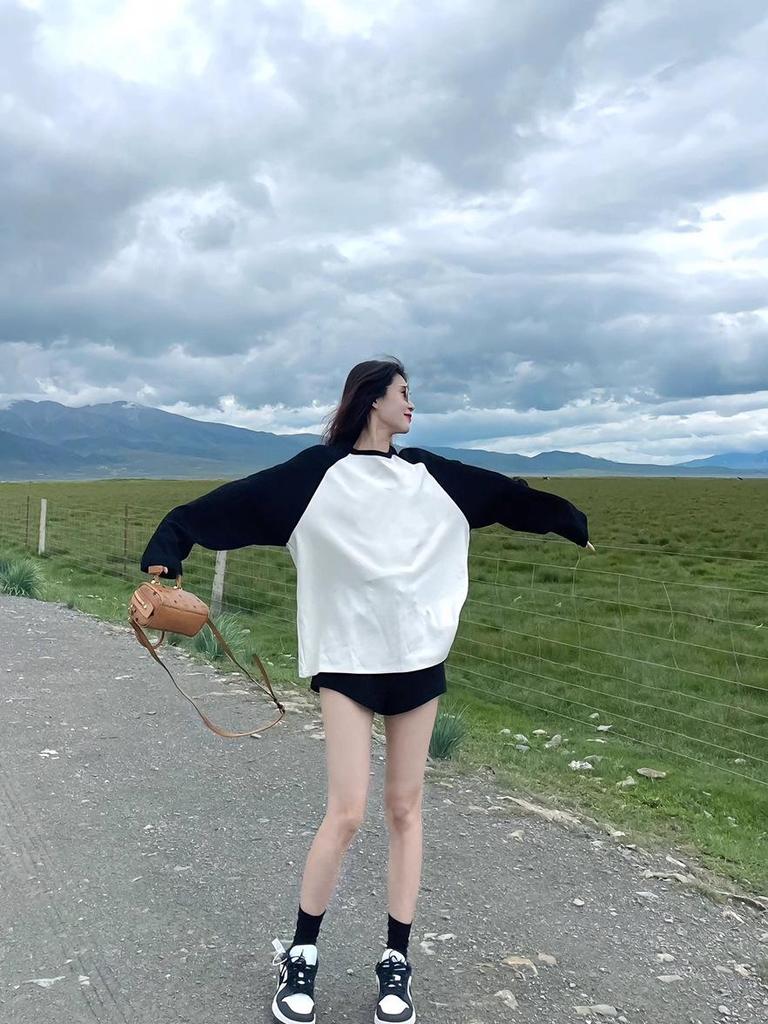 Women's Panda Cute Color Block Raglan Sleeve T-Shirt - Spring/Autumn Loose Fit, Cotton Layered Top