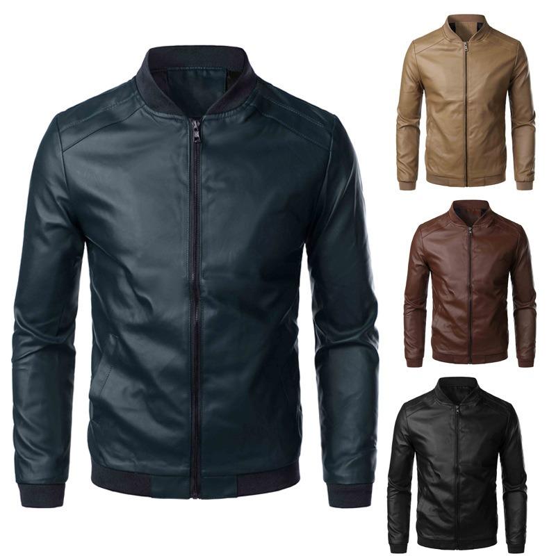 Pánská jarní podzimní nová kožená bunda Módní špičková trendy motocyklová bunda Korejský styl Slim fit Stojáček Svrchní oblečení