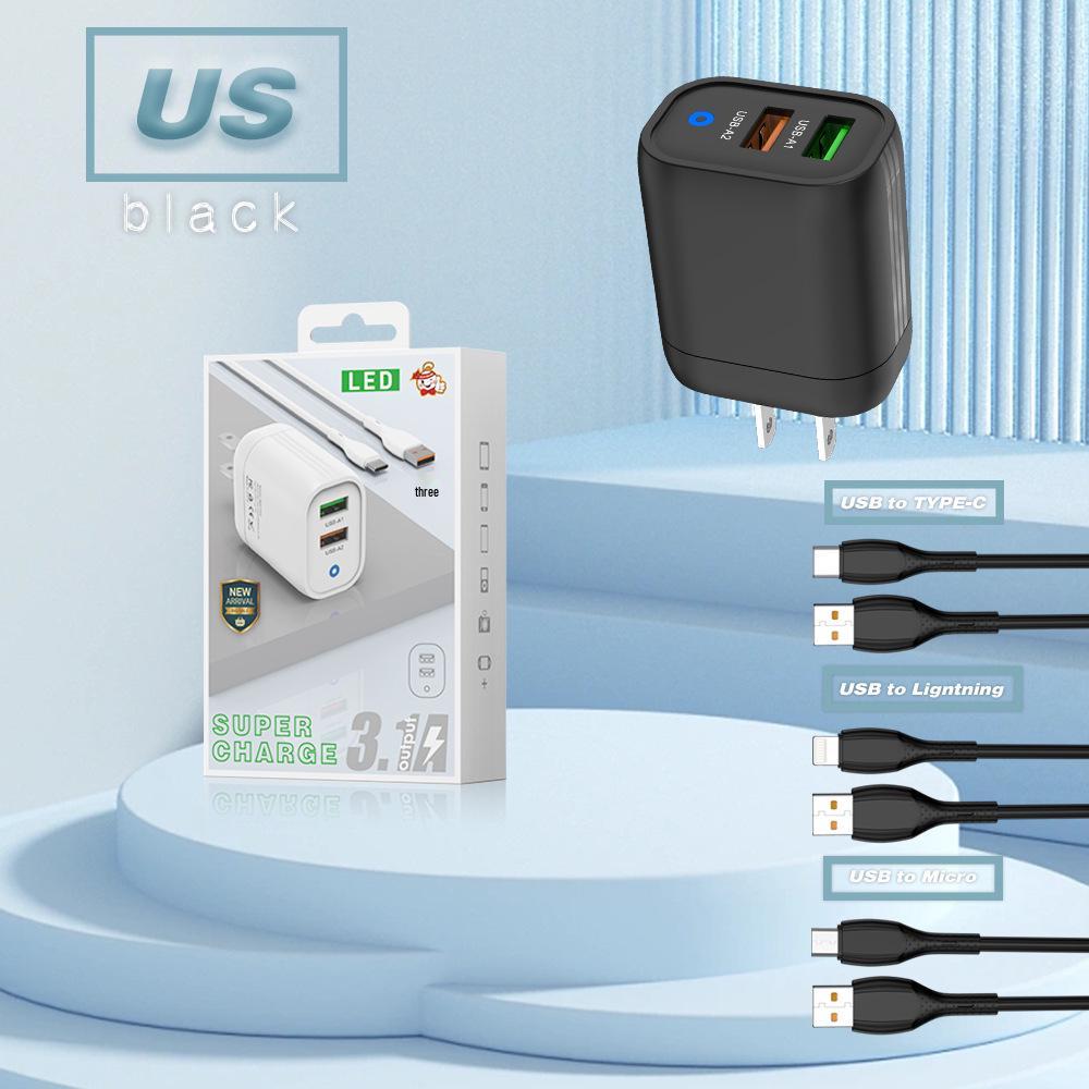 

15W Dual USB Multi-port Charger Set with 5V3A Output for EU, US, and UK With Packaging A-V8 Cable