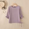 Women Casual Round Neck Solid Color 3/4 Sleeve Cotton Blouse