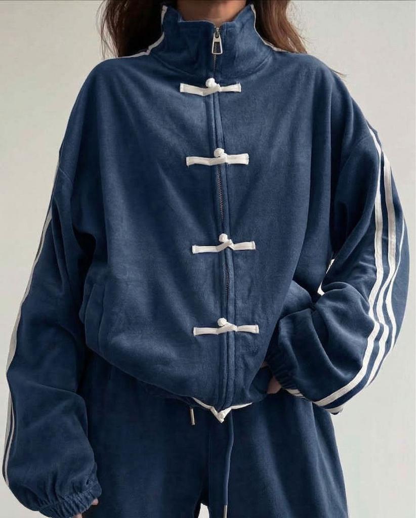 Boucle de mode 2026 trois barres costume décontracté veste à col montant rétro pantalon de survêtement large ensemble deux pièces