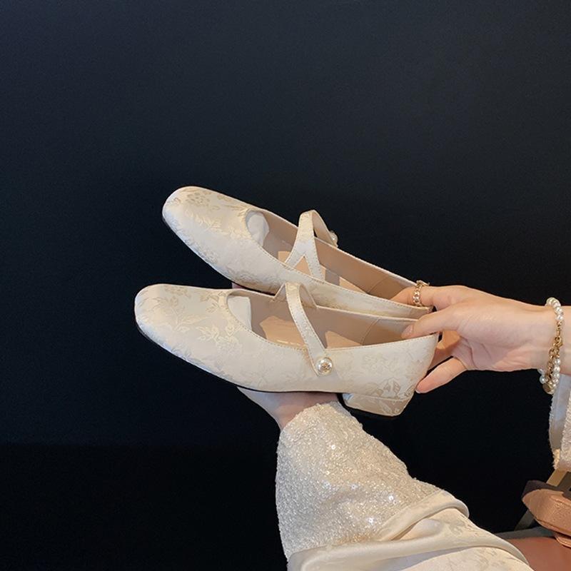 ~ Pearl word with square head jacquard Mary Jane single shoes evening jade