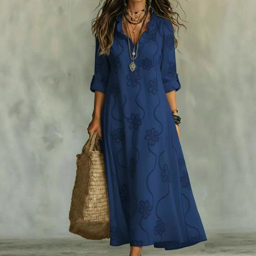 Fashion Printed Versatile Dress Lace Ruffled V-Neck Long-Sleeved Women's Summer Resort Style Commuter Vestidos Long Dresses