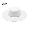 Retro Flat Top Hat Hat, Wool Felt Pork Pie Bowler with Elegant Metal Ring, Wide Brim Trilby for Women Men Autumn Winter Warm Fedora