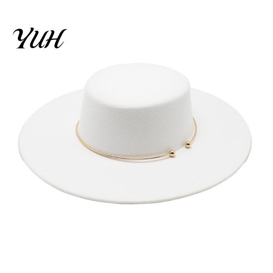 Retro Flat Top Hat Hat, Wool Felt Pork Pie Bowler with Elegant Metal Ring, Wide Brim Trilby for Women Men Autumn Winter Warm Fedora