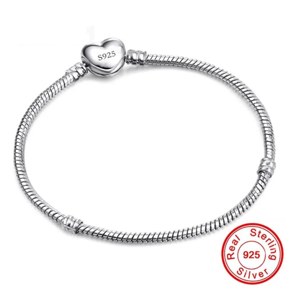 Handmade 925 Silver Pan Bracelets for Women Heart Snake Chain Bangle DIY Jewelry Fit Beads Big Sale