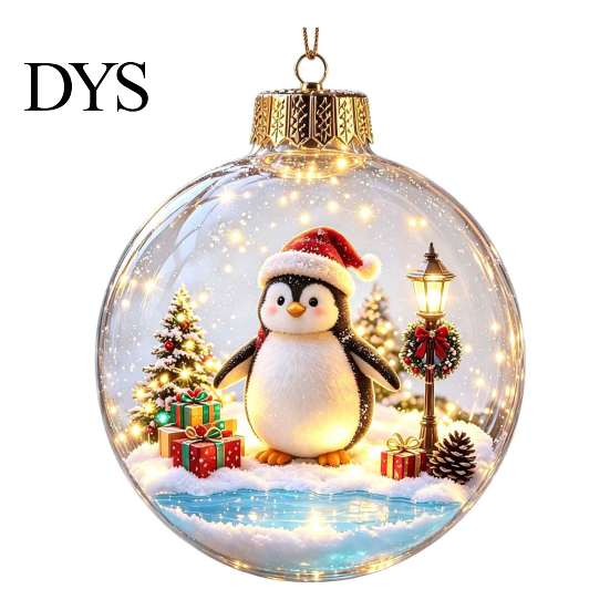 Transparent Holiday Bulbs 3D Christmas Animal Faux Crystal Ball Ornament, Lighted Acrylic Hanging Decor with Hedgehog Penguin Panda, LED Tree Pendant,