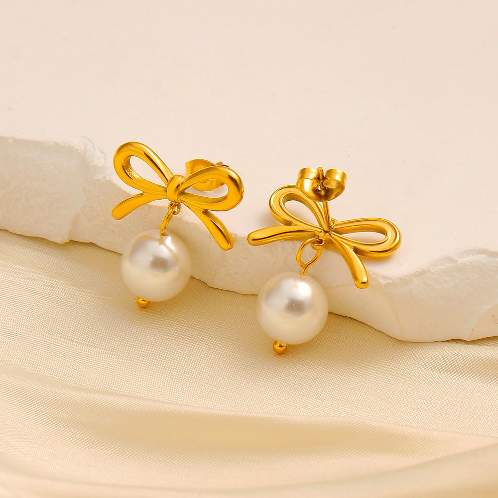 18K Bowknot Pearl Titanium Steel Earrings for Women - INS Simple Fashion Ear Studs