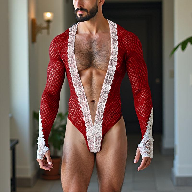 Men Long Sleeve Lace Patchwork Mesh See Through Party Bodysuits Jumpsuits Home Wear